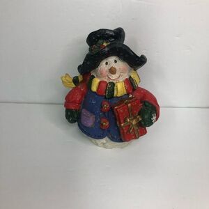 vintage colorful snowman figure snow drops detail holding gift 7 inches tall